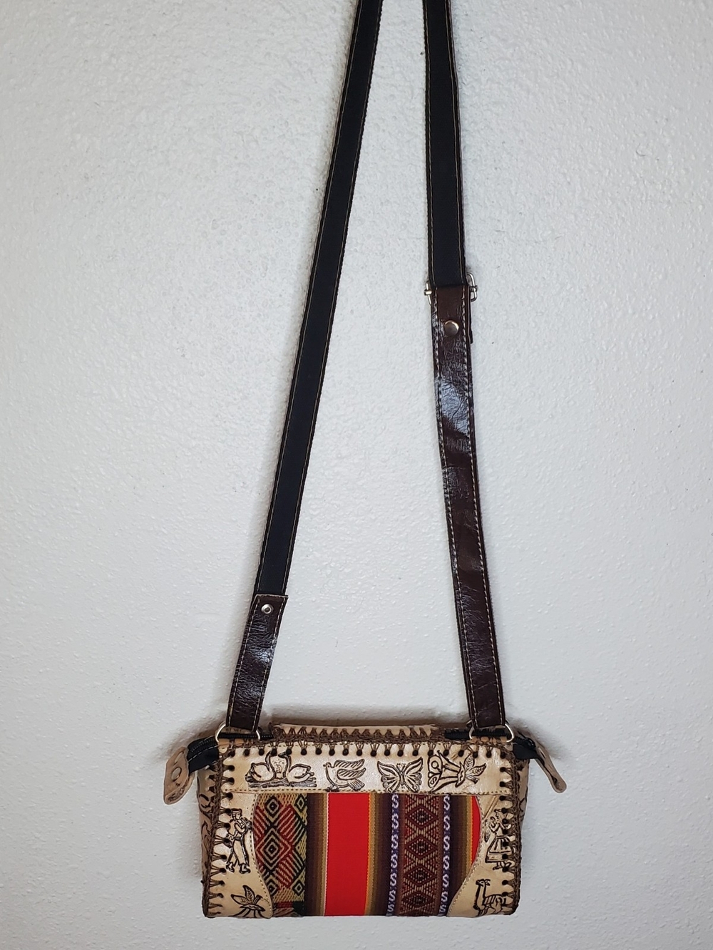 Peruvian Handmade Tooled Leather Serape Crossbody 8" Cream Brown Andean Textile - Picture 3 of 11
